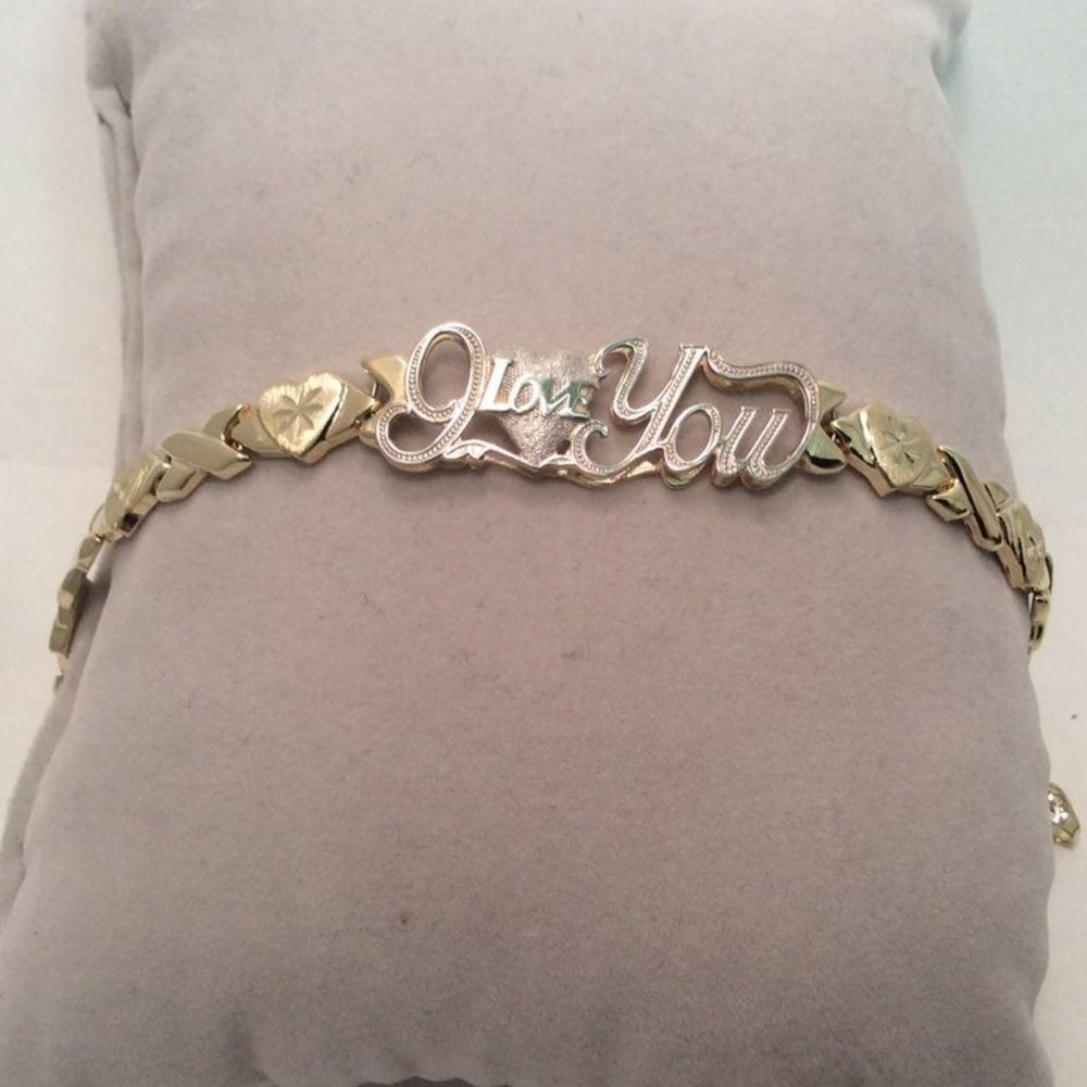 7 3/4" Lady's 10k Yellow REAL Gold XO Hearts and Kisses I Love You Cz Bracelet